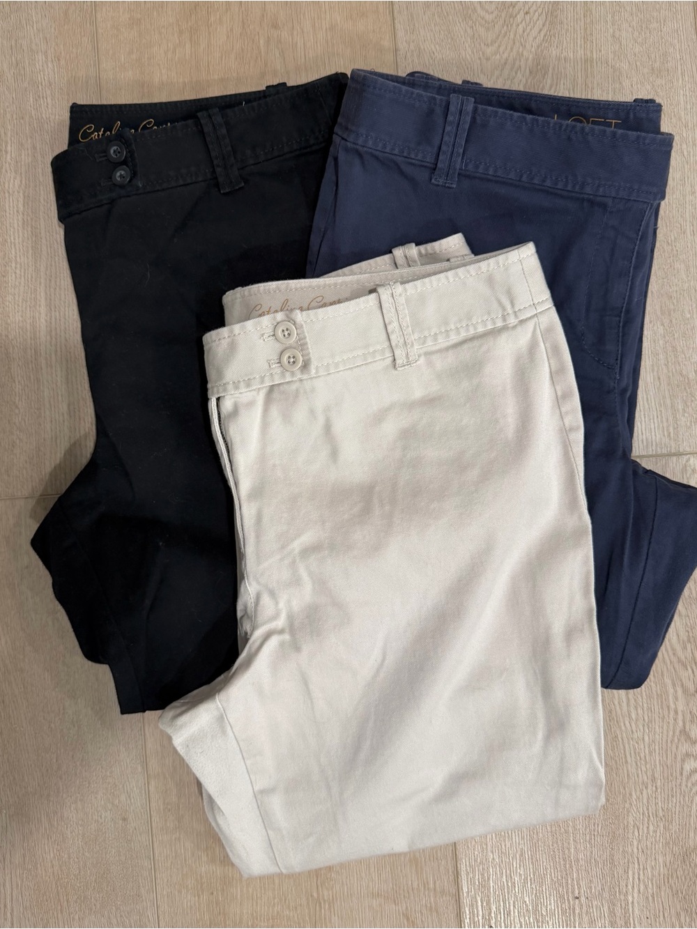 LOFT Marisa Catalina Capri Chino Pants - 3 pairs,Black, Navy, and Cream: size 12